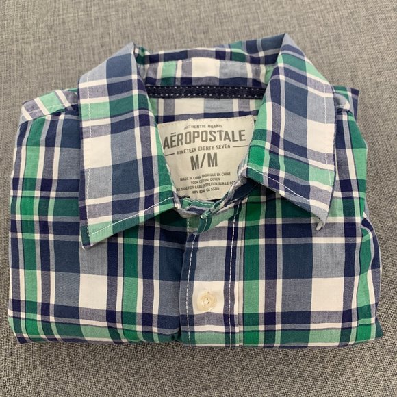 Men's Plaid Aeropostale Button Down Shirt Medium Long Sleeve 100% Cotton Green B - Picture 13 of 15
